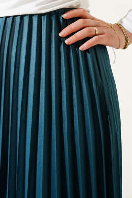 Pileli Deri Görünümlü Bel Lastikli Etek Zümrüt - Thumbnail