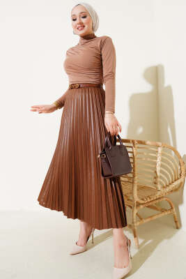 Pileli Deri Görünümlü Bel Lastikli Etek Büsküvi - Thumbnail