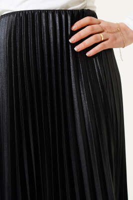 Pileli Deri Görünümlü Bel Lastikli Etek Siyah - Thumbnail