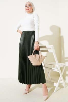 Pileli Deri Görünümlü Bel Lastikli Etek Haki - Thumbnail