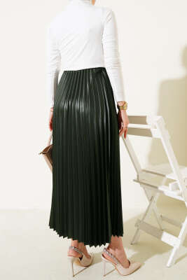 Pileli Deri Görünümlü Bel Lastikli Etek Haki - Thumbnail