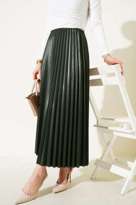 Pileli Deri Görünümlü Bel Lastikli Etek Haki - Thumbnail