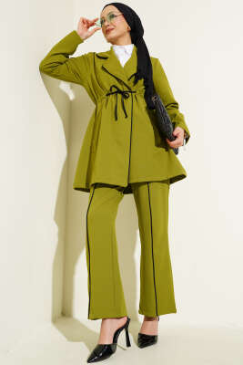 Bel Tünelli Biye Detaylı İkili Takım Yağ Yeşili - Thumbnail