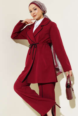 Bel Tünelli Biye Detaylı İkili Takım Bordo - Thumbnail