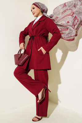 Bel Tünelli Biye Detaylı İkili Takım Bordo - Thumbnail