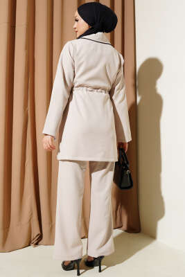 Bel Tünelli Biye Detaylı İkili Takım Bej - Thumbnail