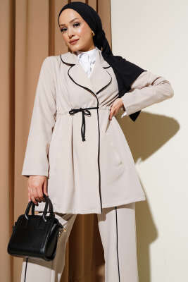 Bel Tünelli Biye Detaylı İkili Takım Bej - Thumbnail