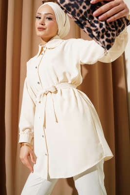 Fırfırlı Bebe Yaka Kuşaklı Gömlek Bej - Thumbnail