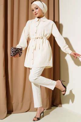 Fırfırlı Bebe Yaka Kuşaklı Gömlek Bej - Thumbnail