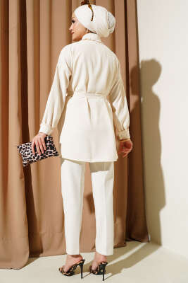 Fırfırlı Bebe Yaka Kuşaklı Gömlek Bej - Thumbnail