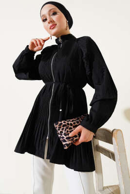 Pazarium - Pileli Fermuarlı Kap Siyah