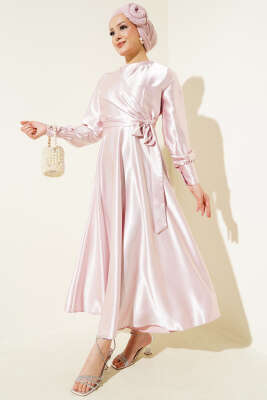 Pazarium - Yan Bağlamalı Jakar Elbise Pudra