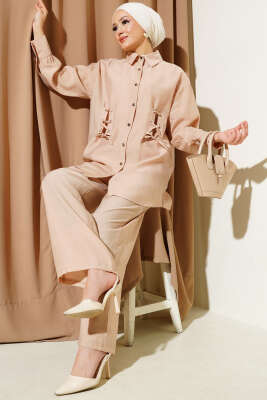 Pazarium - Kuş Gözü Detaylı Tunik İkili Takım Camel