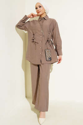 Pazarium - Kuş Gözü Detaylı Tunik İkili Takım Vizon