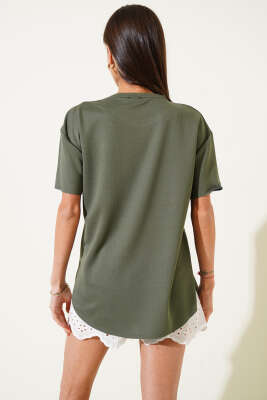 Oval Kesim T-shirt Haki - Thumbnail