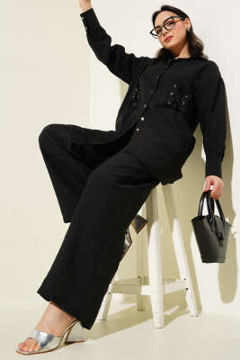 Pazarium - Kuş Gözü Detaylı Tunik İkili Takım Siyah