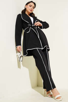 Pazarium - Çiçek Aksesuarlı Biyeli İkili Takım Siyah