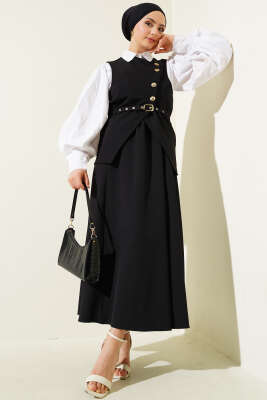 Gold Düğmeli Kemerli Etekli İkili Takım Siyah - Thumbnail
