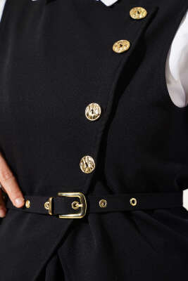 Gold Düğmeli Kemerli Etekli İkili Takım Siyah - Thumbnail