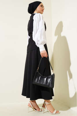 Gold Düğmeli Kemerli Etekli İkili Takım Siyah - Thumbnail