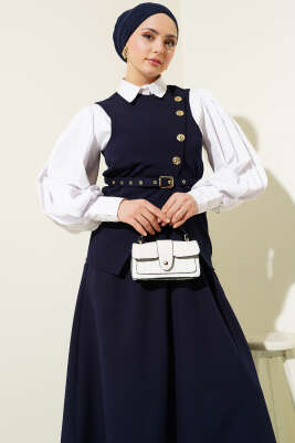 Gold Düğmeli Kemerli Etekli İkili Takım Lacivert - Thumbnail