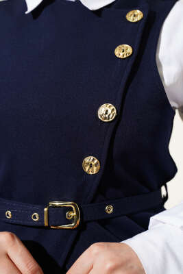 Gold Düğmeli Kemerli Etekli İkili Takım Lacivert - Thumbnail