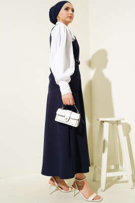 Gold Düğmeli Kemerli Etekli İkili Takım Lacivert - Thumbnail