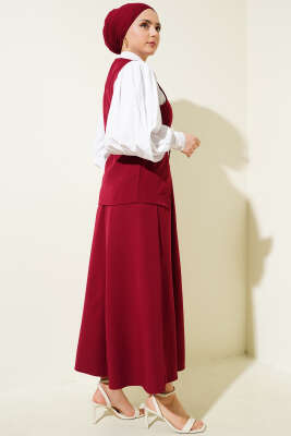 Gold Düğmeli Kemerli Etekli İkili Takım Bordo - Thumbnail