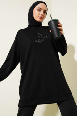 Loyşa Kuş Taşlı Tunik Siyah - Thumbnail