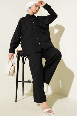 Çiçek Aksesuarlı Tunik İkili Takım Siyah - Thumbnail