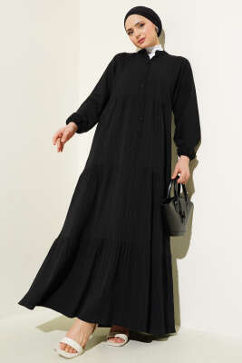 Pazarium - Yarım Düğmeli Patlı Kat Elbise Siyah