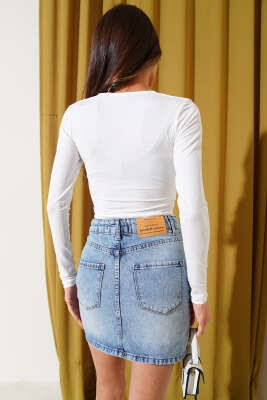 Kare Yaka Uzun Kol Sandy Crop Beyaz - Thumbnail