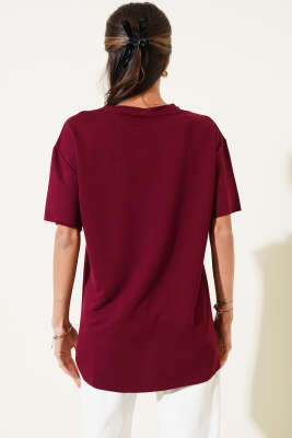 Oval Kesim T-shirt Bordo - Thumbnail