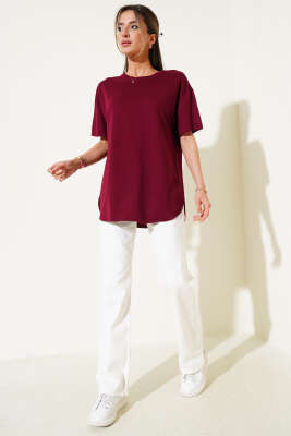 Oval Kesim T-shirt Bordo - Thumbnail