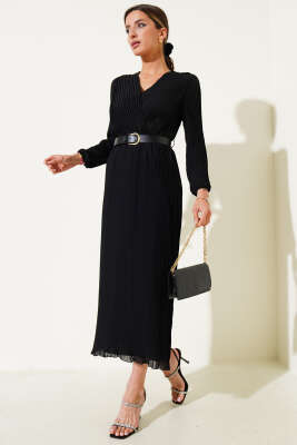 Kemerli Kruvaze Yaka Pileli Midi Elbise Siyah - Thumbnail