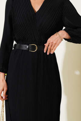 Kemerli Kruvaze Yaka Pileli Midi Elbise Siyah - Thumbnail