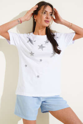 Yıldız Taş Süslemeli T-shirt Beyaz - Thumbnail