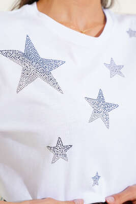 Yıldız Taş Süslemeli T-shirt Beyaz - Thumbnail