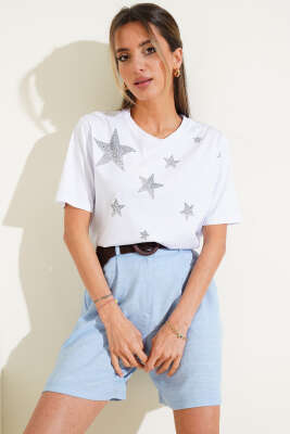 Yıldız Taş Süslemeli T-shirt Beyaz - Thumbnail