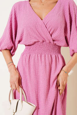 Bel Gipeli Yarım Kol Kırınkıl Midi Elbise Gül Kurusu - Thumbnail