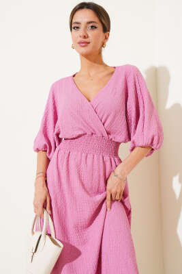 Bel Gipeli Yarım Kol Kırınkıl Midi Elbise Gül Kurusu - Thumbnail