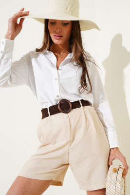 Pazarium - Geniş Manşetli İnce Çizgili Gömlek Mavi