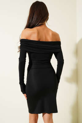 Kayık Yaka Kuş Gözlü Midi Elbise Siyah - Thumbnail