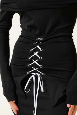 Kayık Yaka Kuş Gözlü Midi Elbise Siyah - Thumbnail