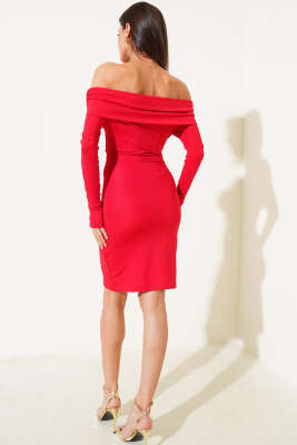 Kayık Yaka Kuş Gözlü Midi Elbise Kırmızı - Thumbnail