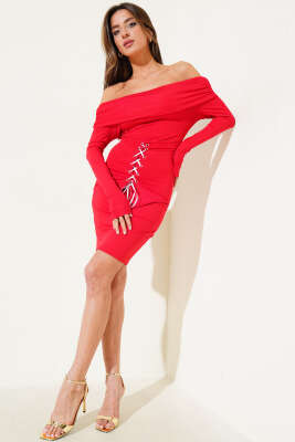 Kayık Yaka Kuş Gözlü Midi Elbise Kırmızı - Thumbnail