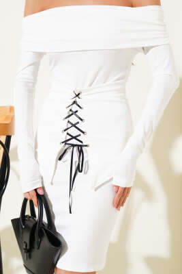 Kayık Yaka Kuş Gözlü Midi Elbise Beyaz - Thumbnail