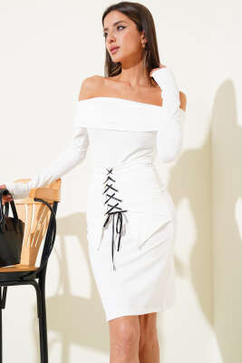 Kayık Yaka Kuş Gözlü Midi Elbise Beyaz - Thumbnail