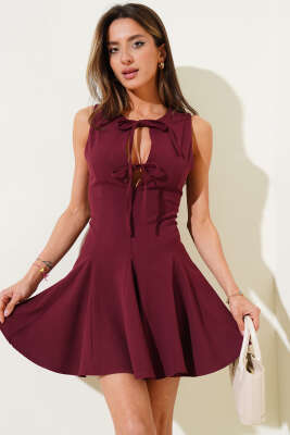 Pazarium - Önü Bağlamalı Kolsuz Mini Elbise Bordo