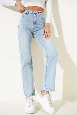 Pazarium - Yıpratmalı Boru Paça Kot Pantolon Kar Açık